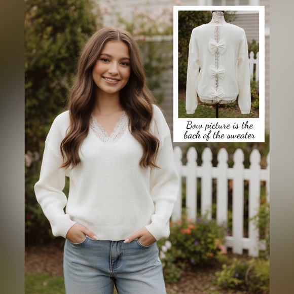 SHEIN Sweaters - Cream V-Neck Sweater with Lace and Bow Details NEW